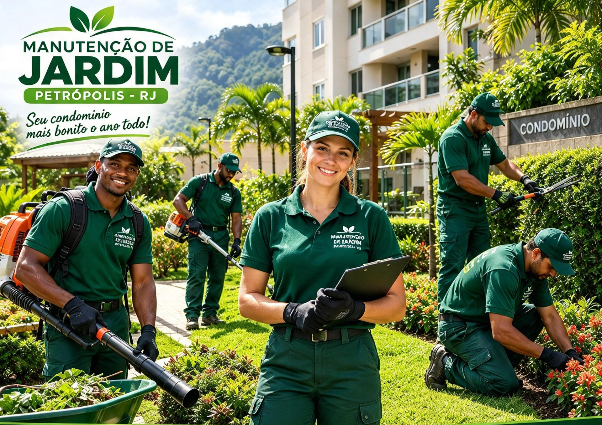 Equipe da Insetivan Serrana de uniforme verde realizando manutenção de jardim em condomínio em Petrópolis