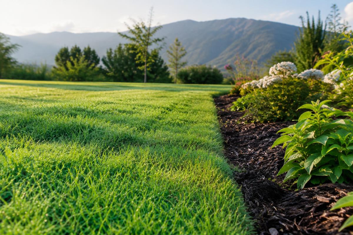 Gramado recém-aparado com borda definida ao lado de canteiro com cobertura de solo